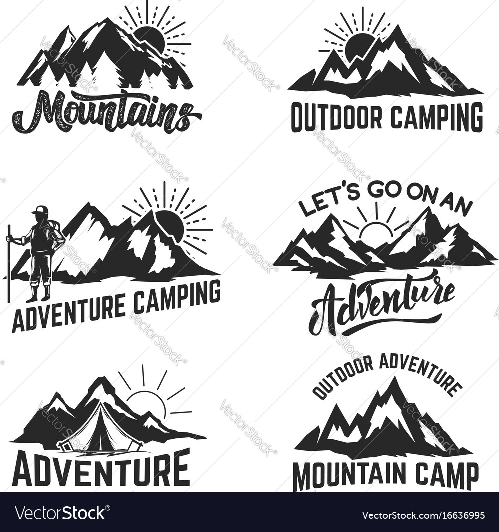 Set Mountains Adventure Outdoor Camping Royalty Free Vector