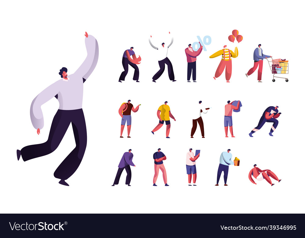 Set of male characters shopping with trolley Vector Image