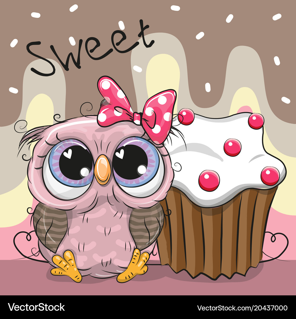 Greeting card cute owl with cake Royalty Free Vector Image