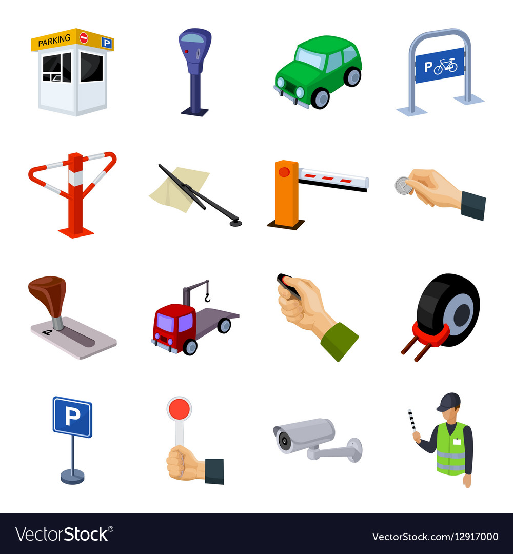 Parking zone set icons in cartoon style big