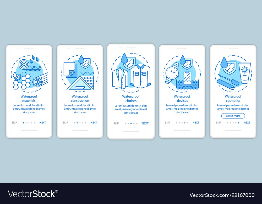 Waterproof substances onboarding mobile app page