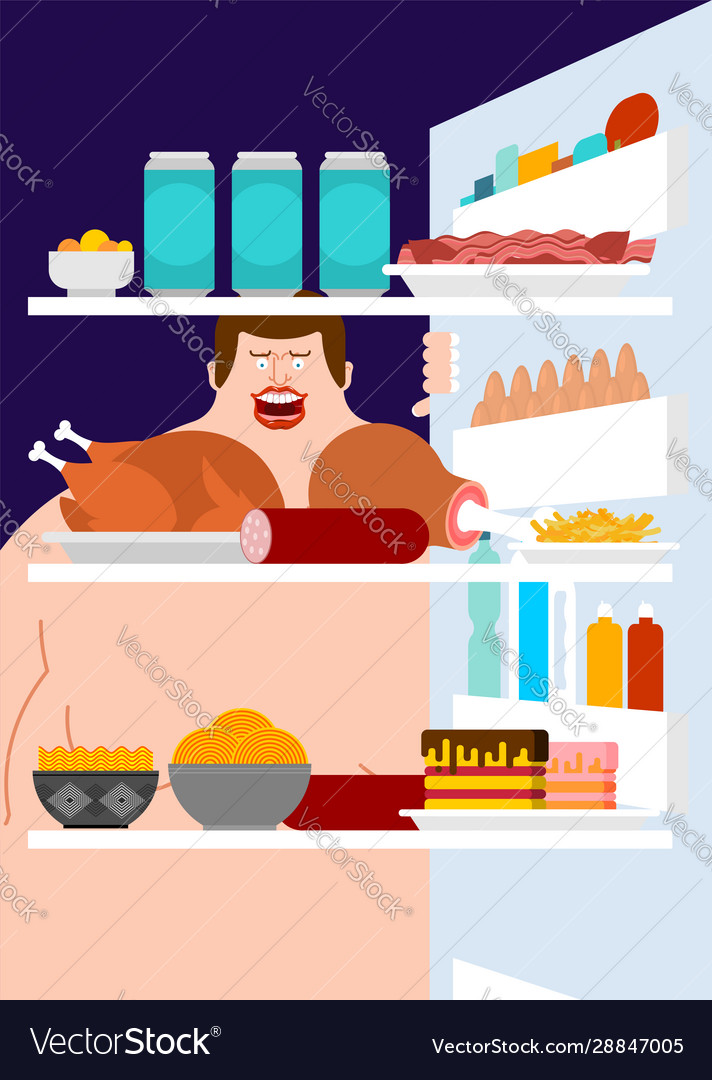 Open fridge and fat man inside view lot food