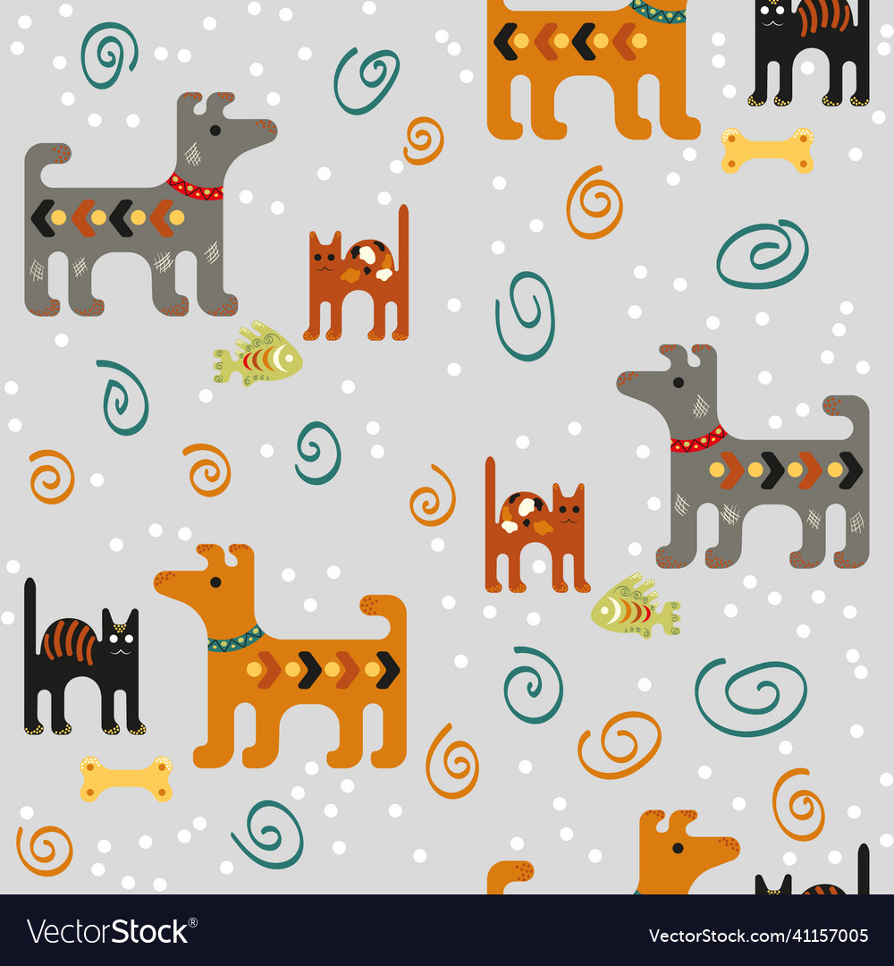 Seamless Pattern With Dogs And Cats In Ethno Style