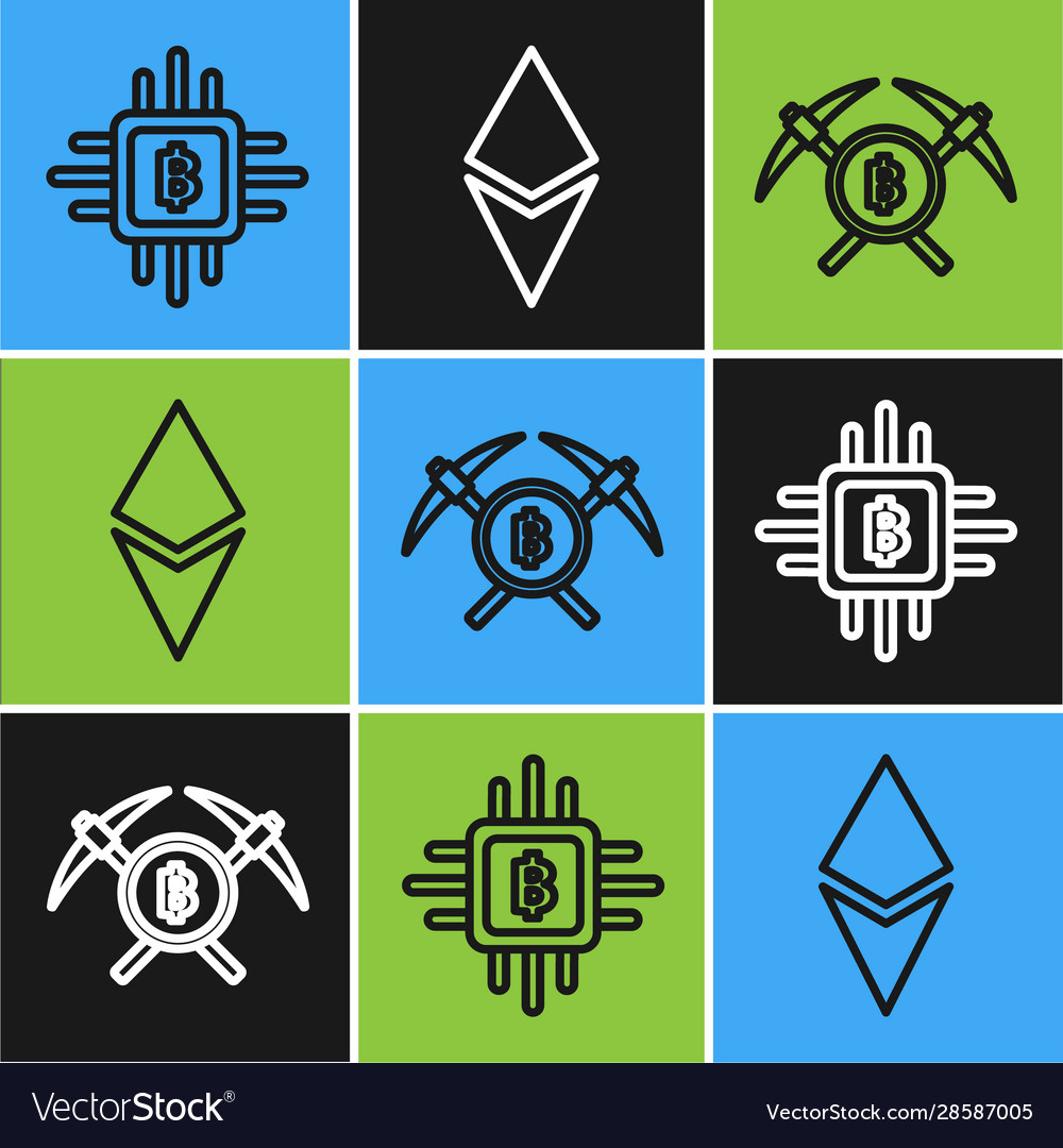 Set line cpu mining farm crossed pickaxe vector image Set line cpu mining farm crossed pickaxe