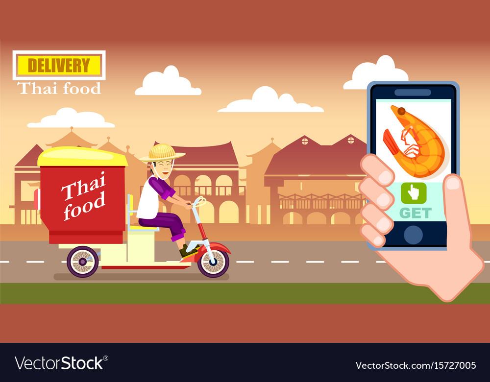 Thai Fast Food Delivery Poster With Courier Vector Image