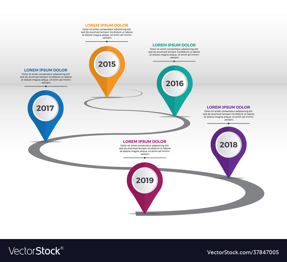 Timeline info graphic 5 milestone like a road