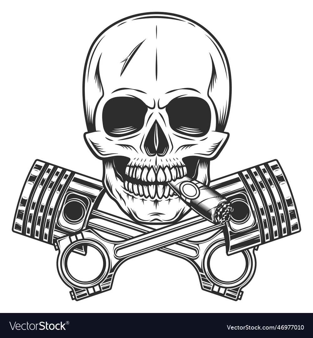 Biker skull smoking cigar with engine piston Vector Image