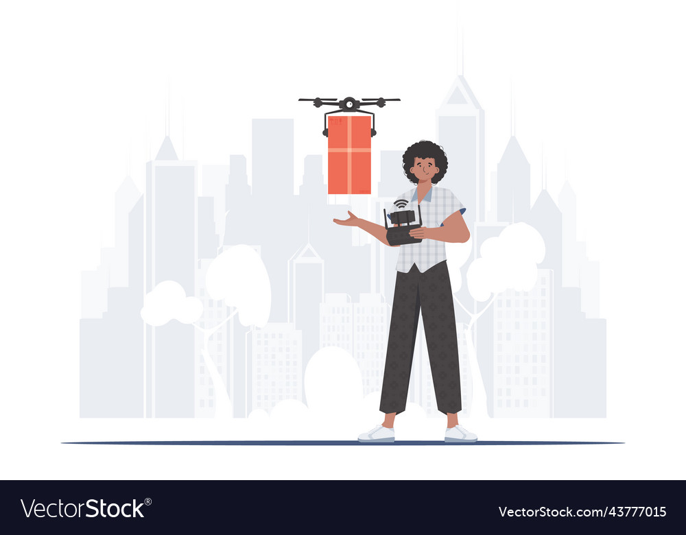 A man controls quadcopter with package