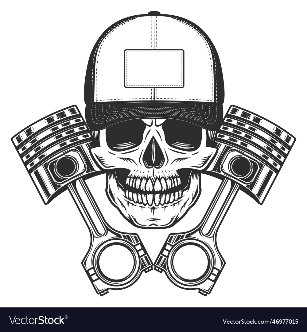 Biker skull in baseball cap and engine piston Vector Image