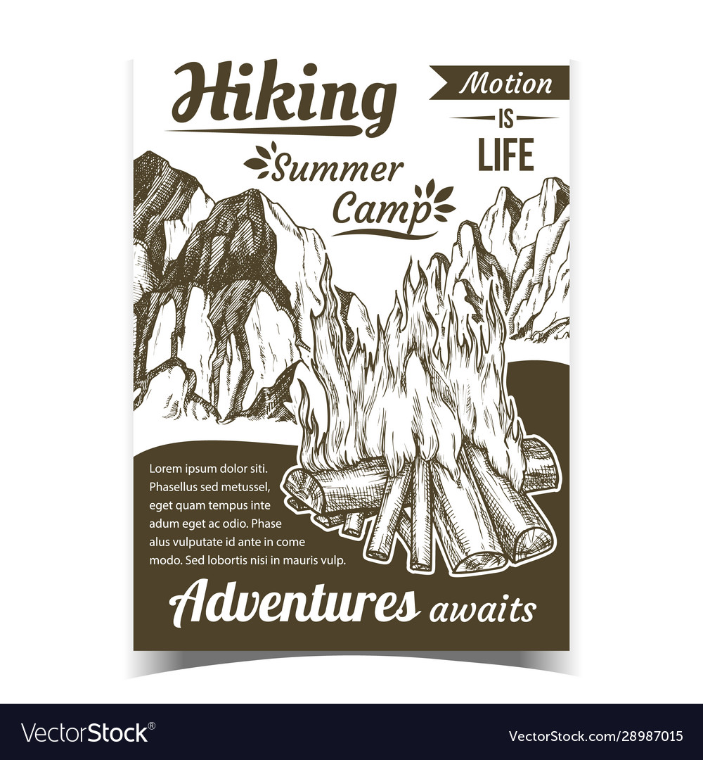 Hiking summer camp sport adventures poster vector image Hiking summer camp sport adventures poster