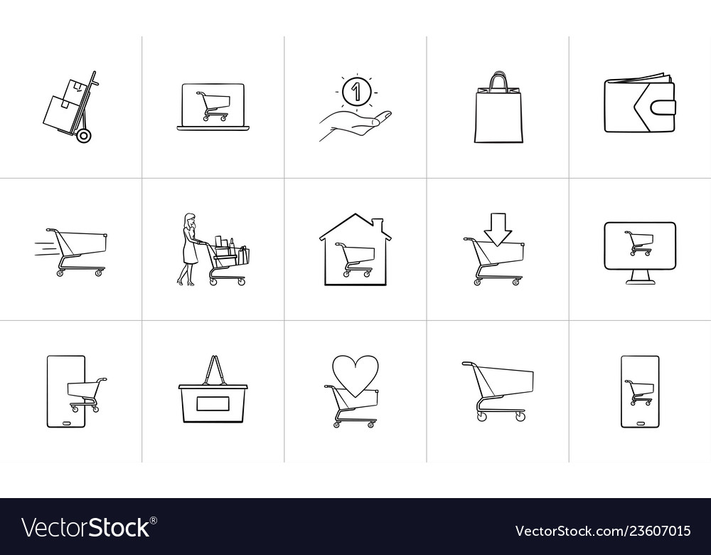Online-Shopping und E-Commerce-Hand skizziert vector image Online-Shopping und E-Commerce-Hand skizziert