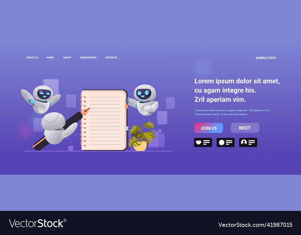 Robots writing in notebook robotic characters vector image Robots writing in notebook robotic characters