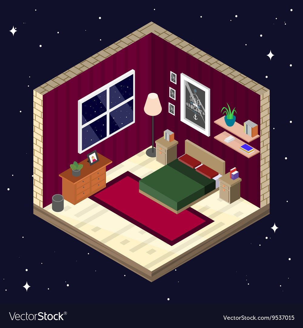 Room interior in isometric style bedroom