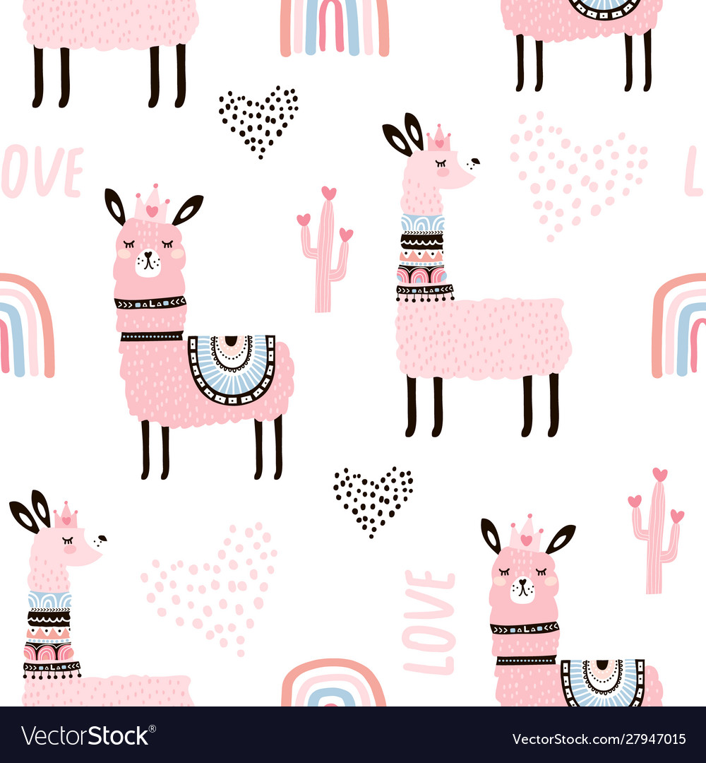 Seamless Pattern With Llama Princess Hearts Vector Image