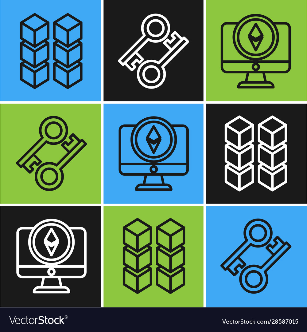 Set line blockchain technology monitor vector image Set line blockchain technology monitor