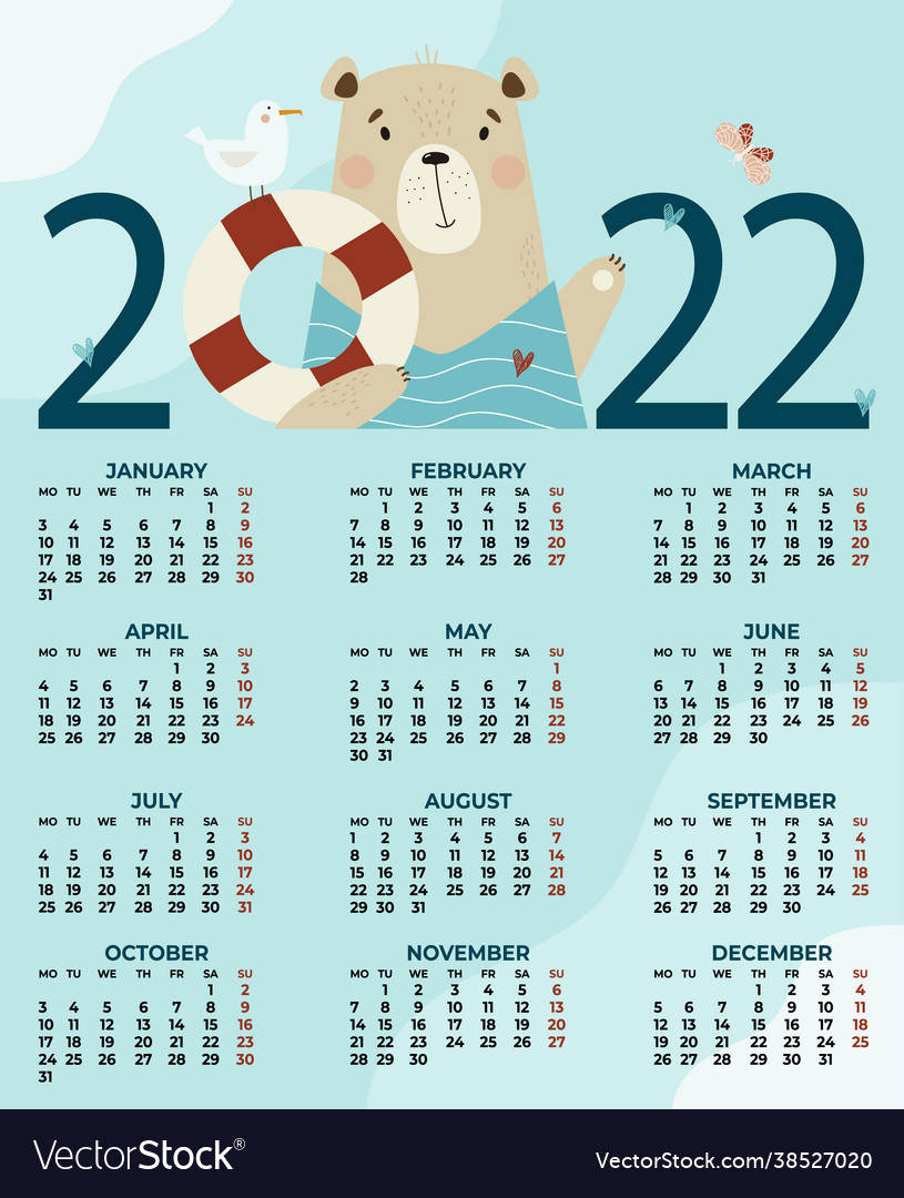 Calendar for 2022 cute sea bear with a seagull