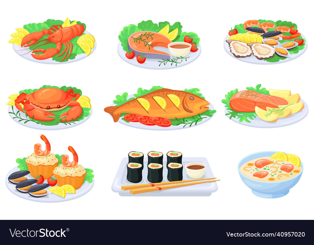 Cartoon seafood plate sea food dishes cooking Vector Image