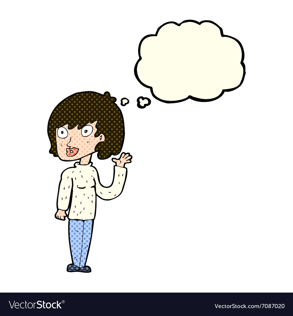 Cartoon waving woman with thought bubble Vector Image