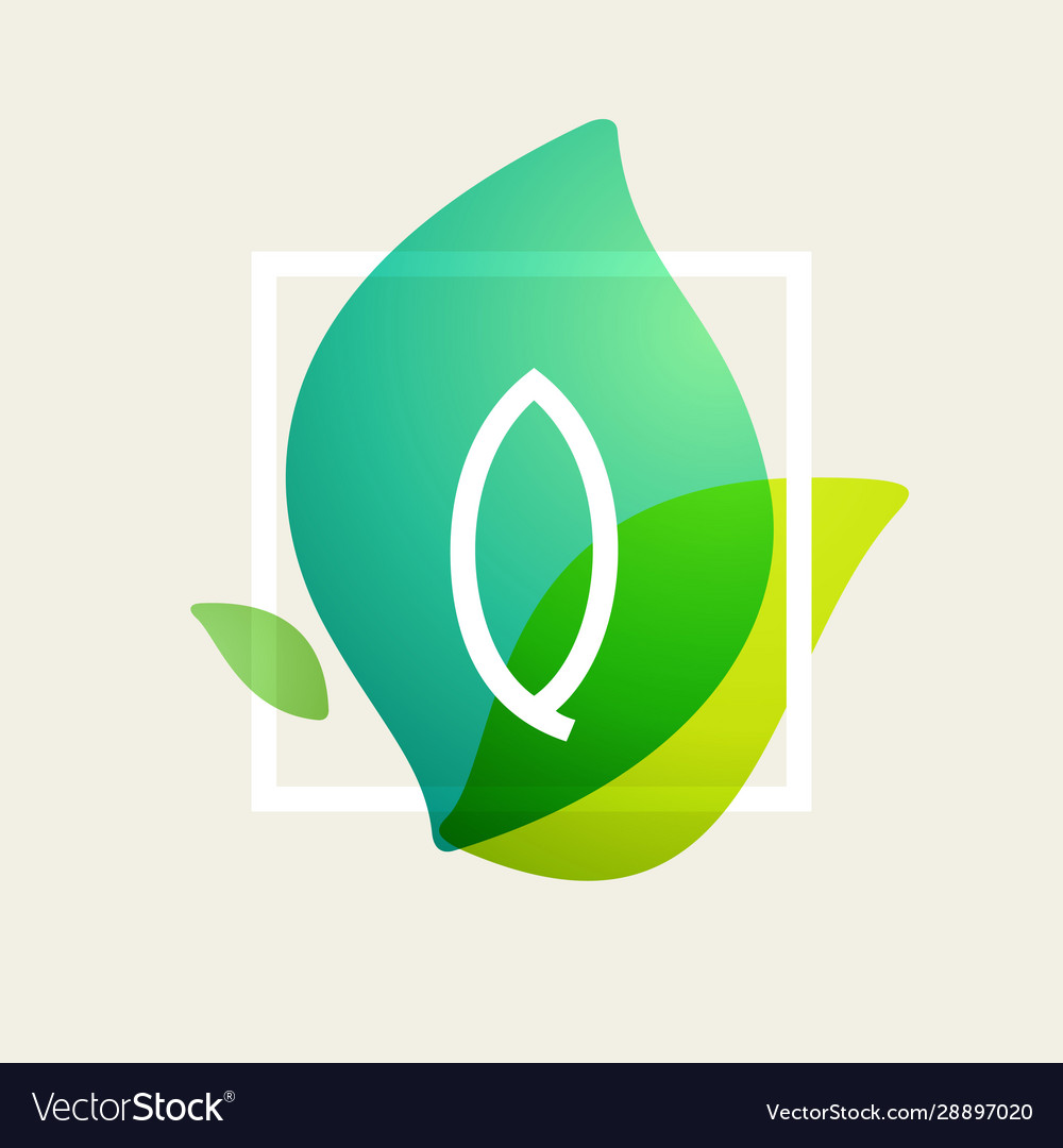 Q letter logo in square frame at green leaves