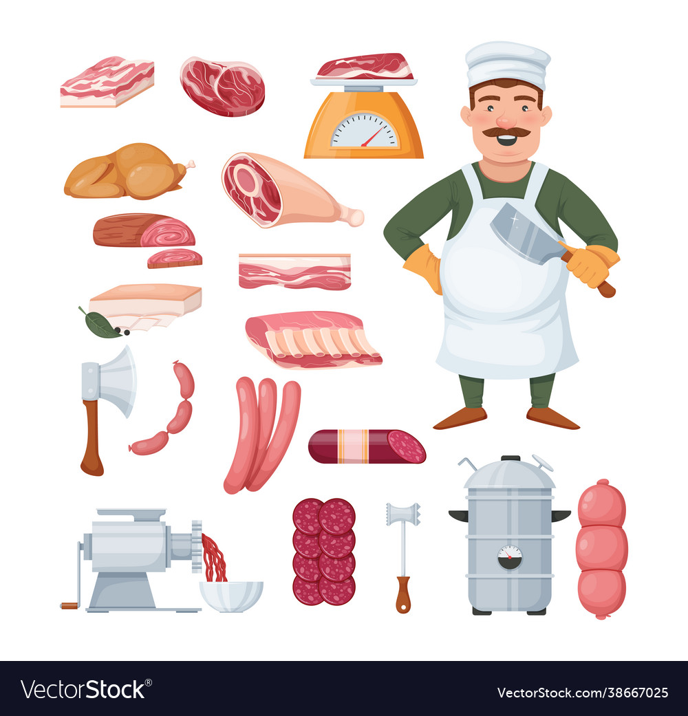 Butcher man in uniform kitchen accessories