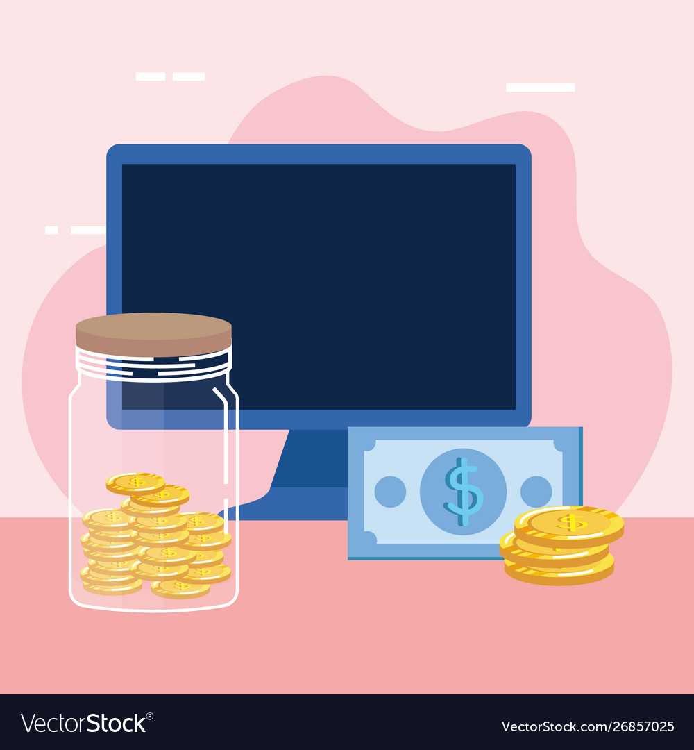 Desktop computer with bills and coins