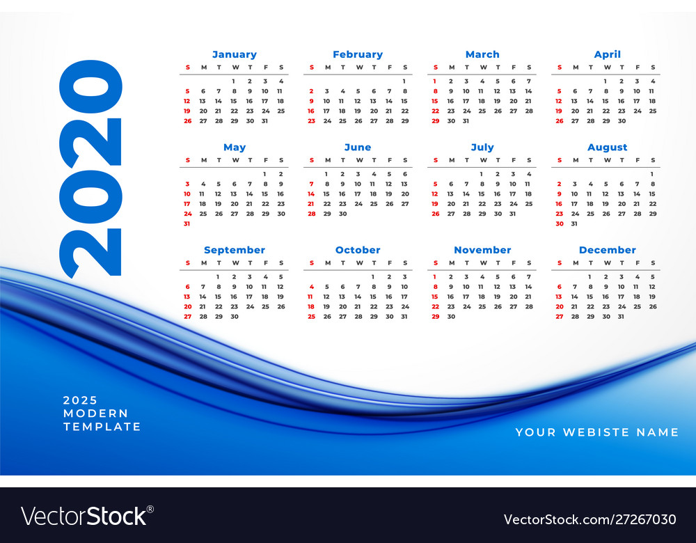 Stylish 2020 calendar design with blue wavy shape