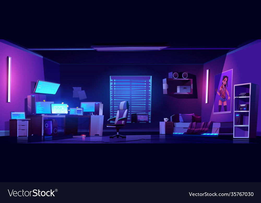 Teenager boy bedroom interior computers on desk Vector Image