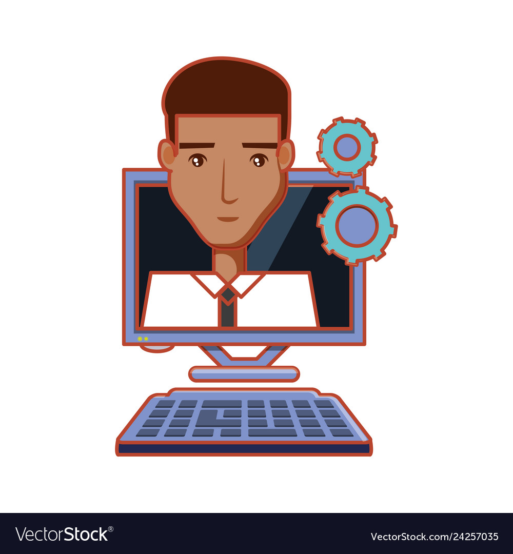 Businessman with computer desktop and gears