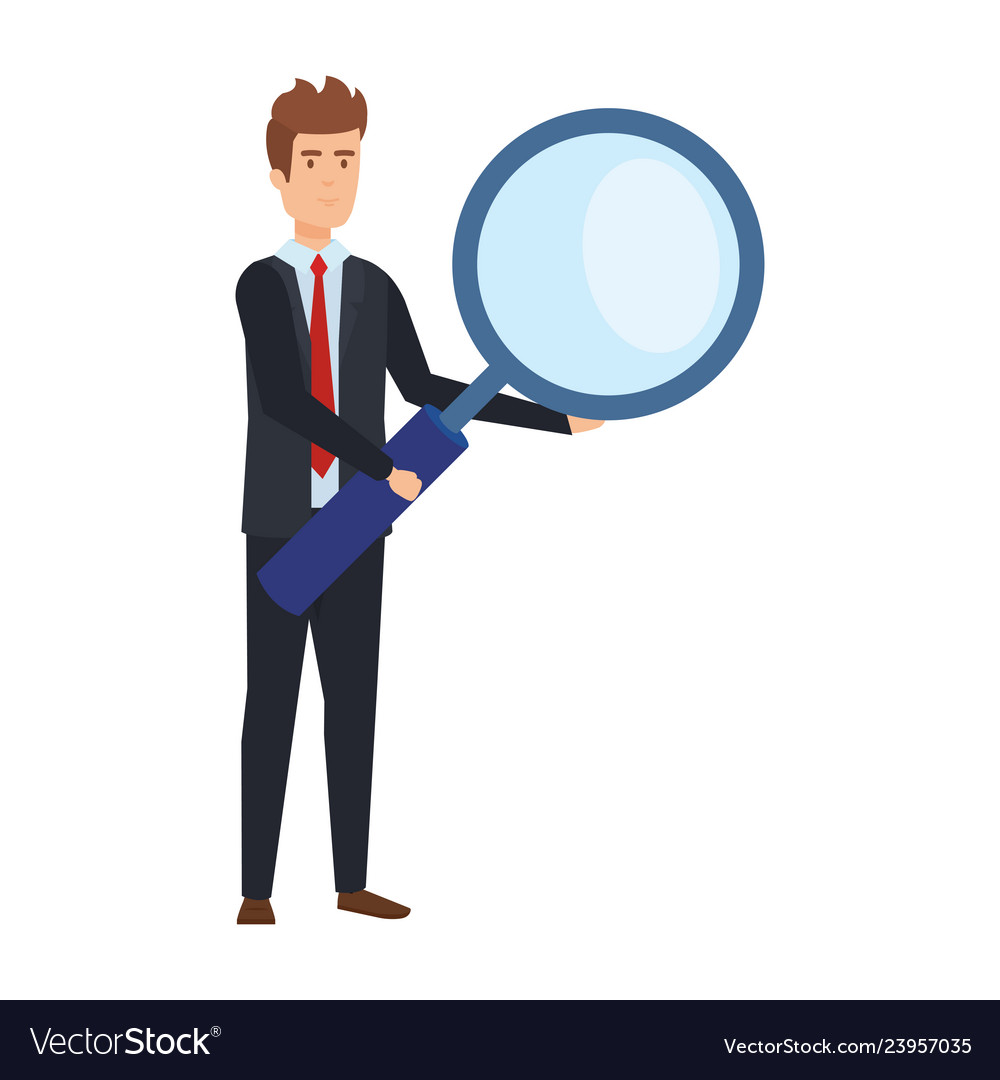 Elegant businessman lifting magnifying glass