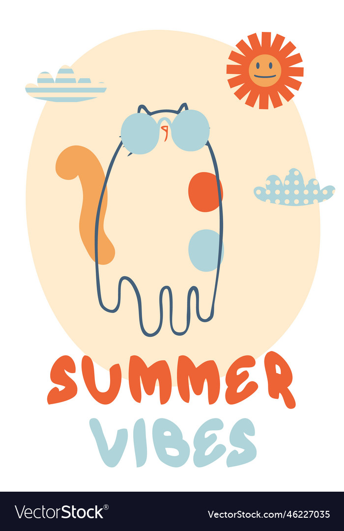 Slogan summer vibes in retro style with cat Vector Image Slogan summer vibes in retro style with cat