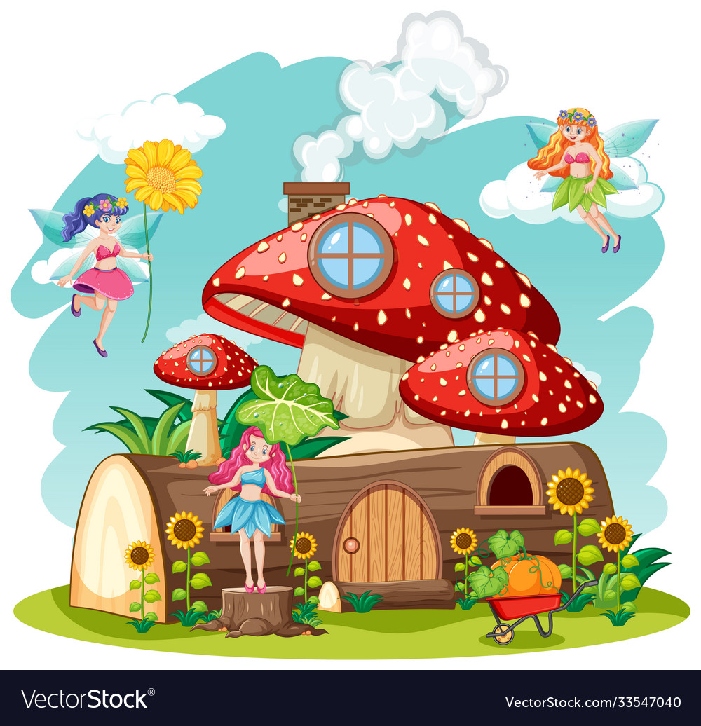 Fairy tales with mushroom and timber house Vector Image