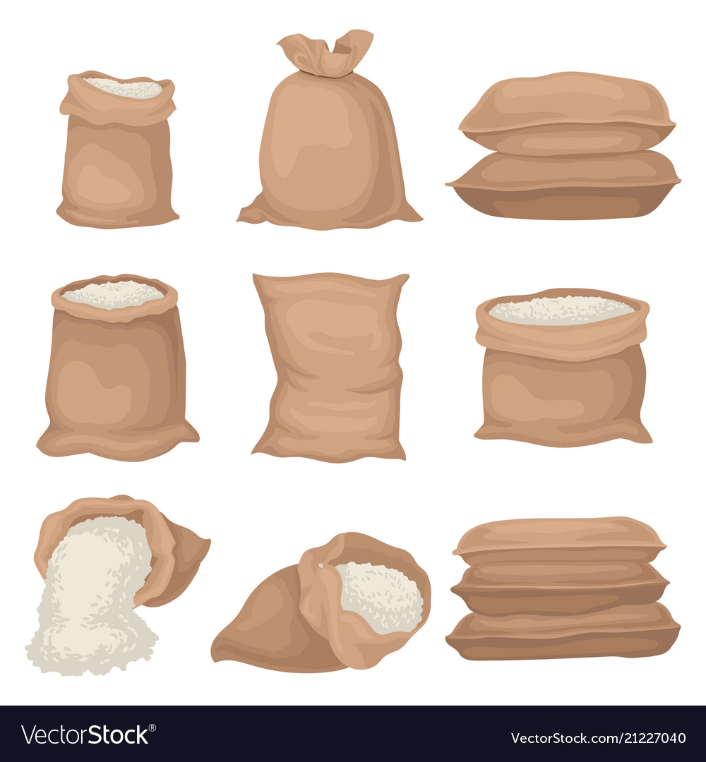 flat set of burlap sacks with rice or flour vector image