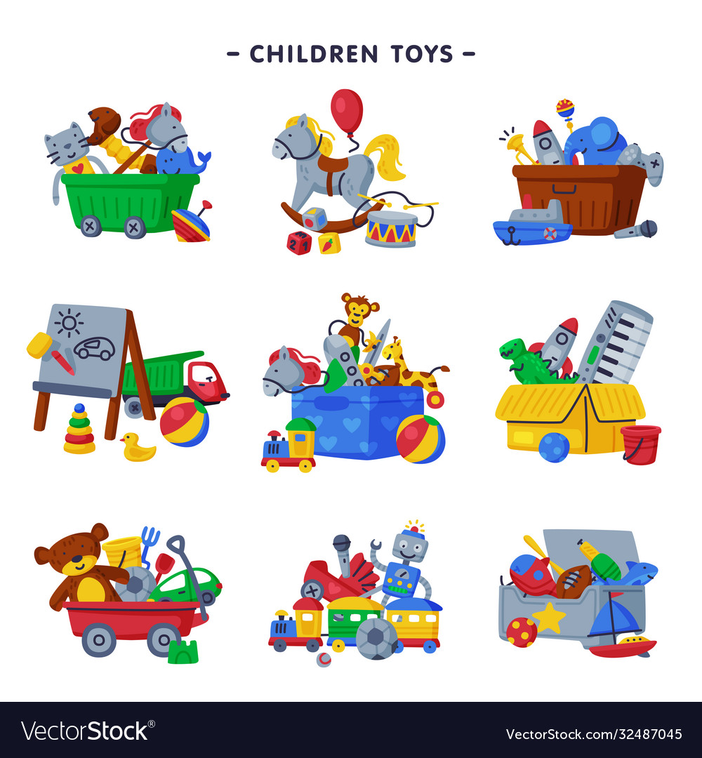 Boxes children toys set various objects