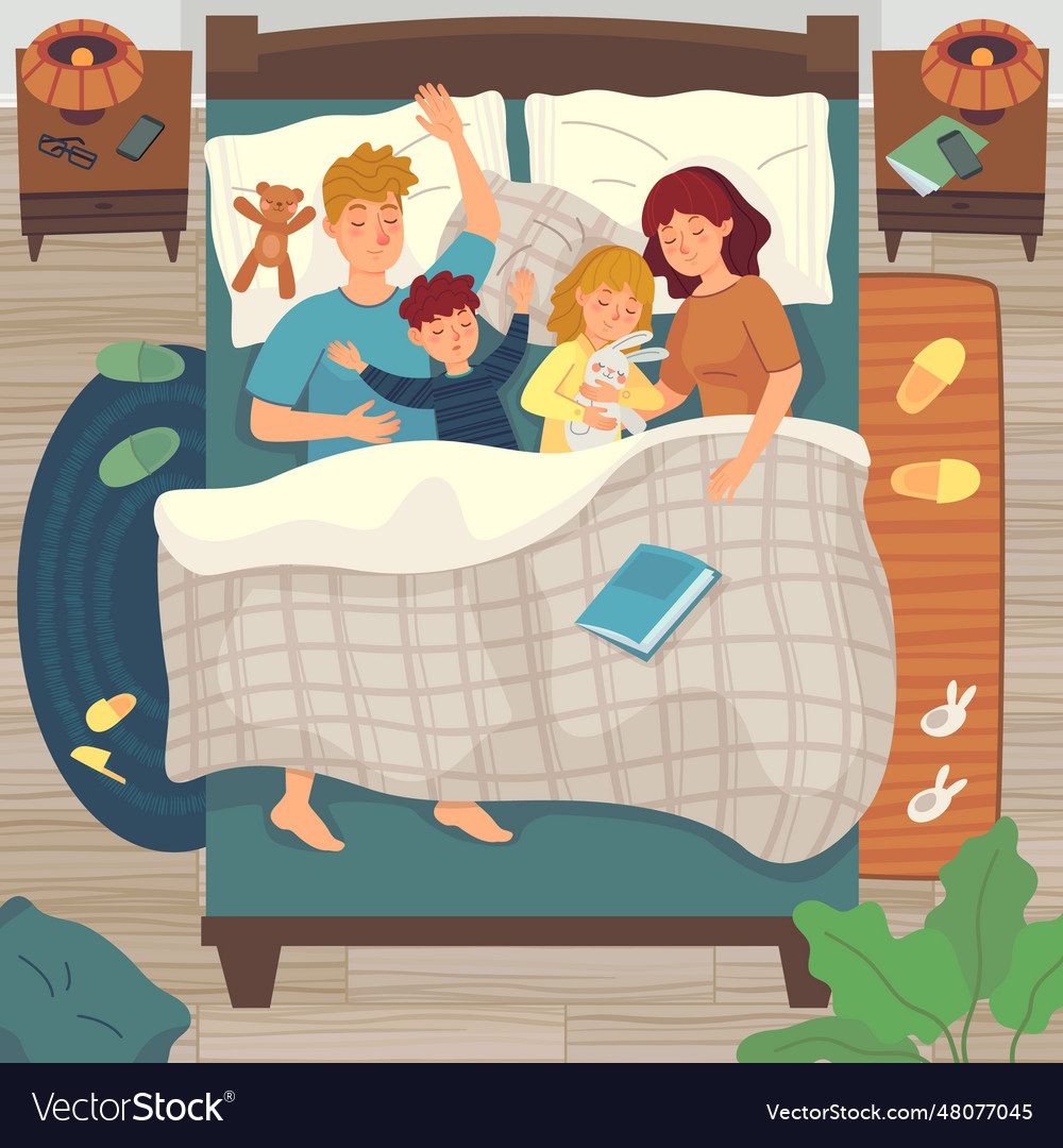 Children sleep in parents bed co-sleeping Vector Image Children sleep in parents bed co-sleeping