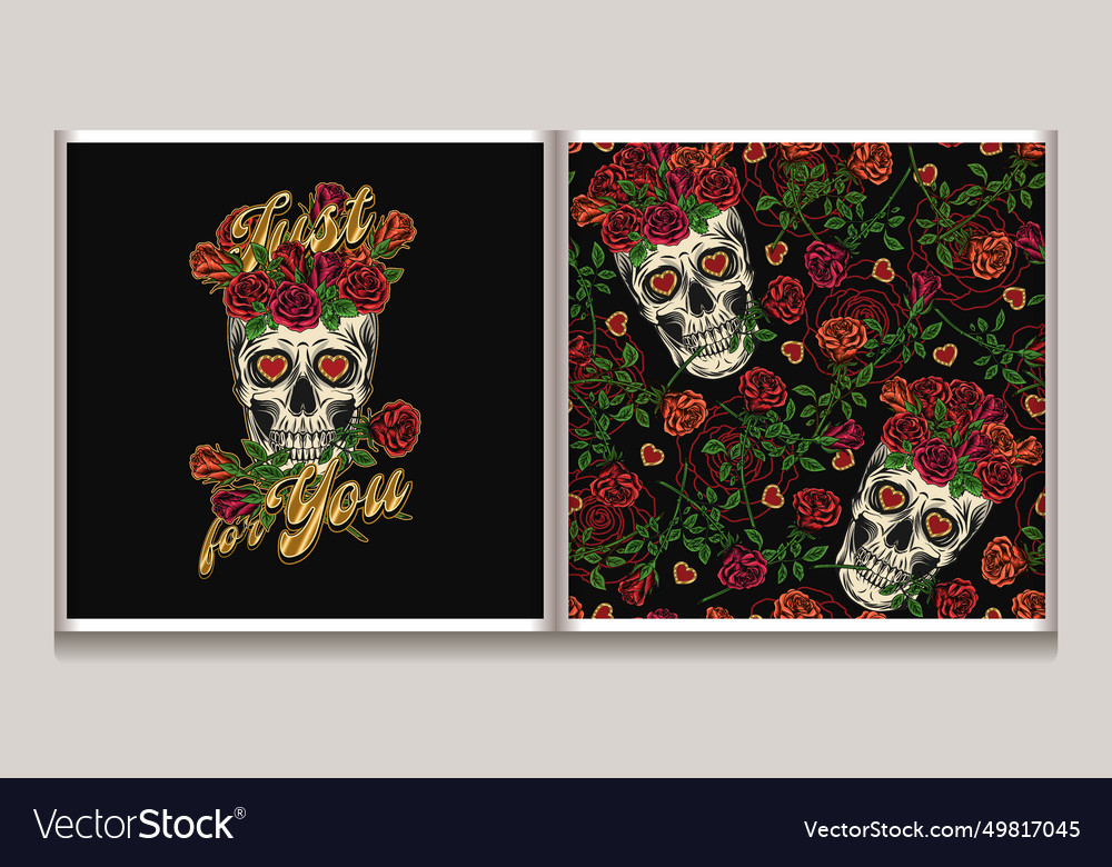 Colorful pattern label with skull roses