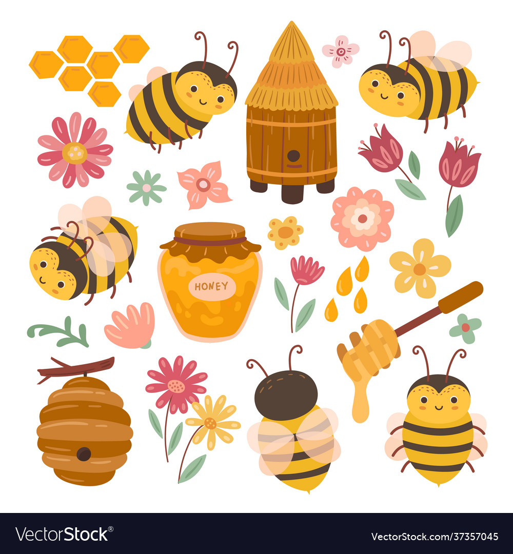 Cute bee and honey yellow bees cartoon flying Vector Image