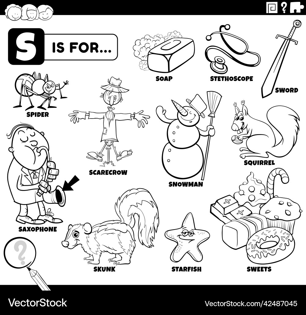 Letter s words educational set coloring book page Vector Image