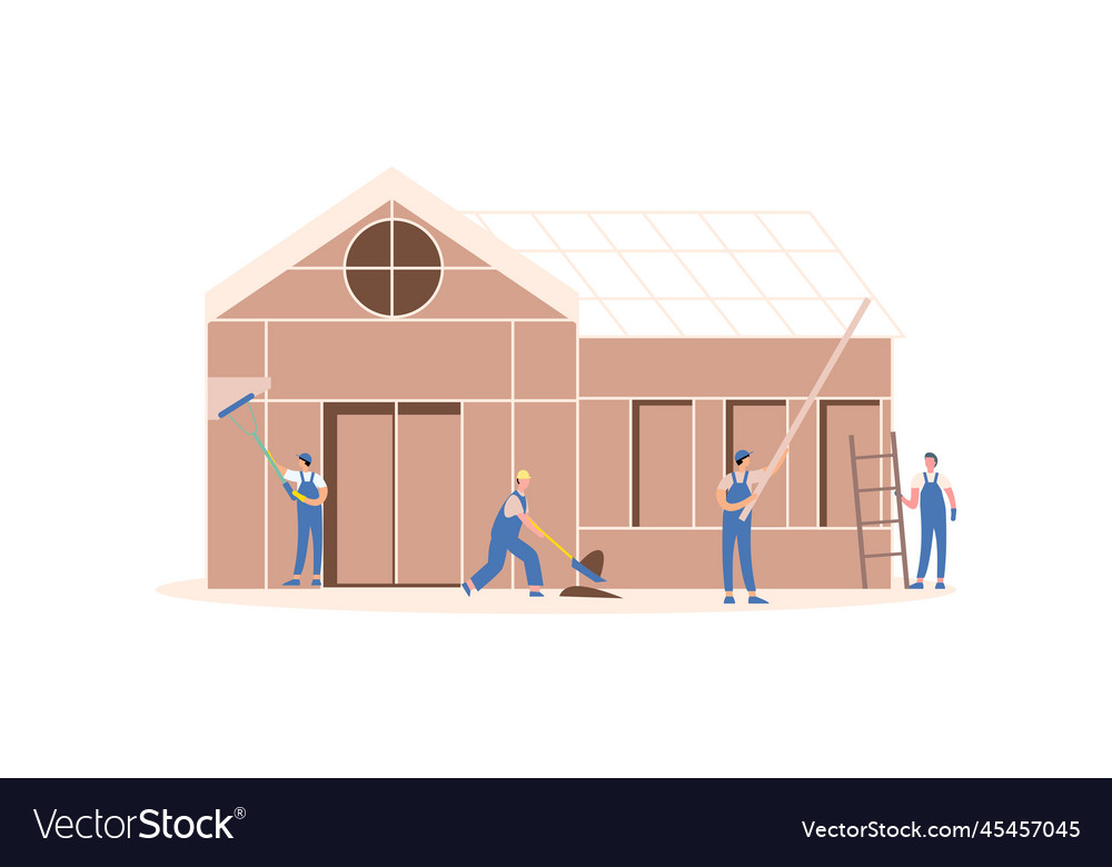 Team of builders build wood home Royalty Free Vector Image