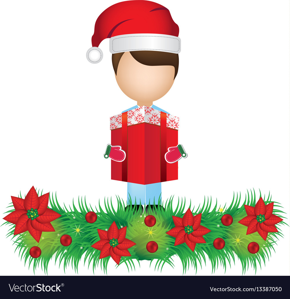 Boy faceless with gift and wreath christmas