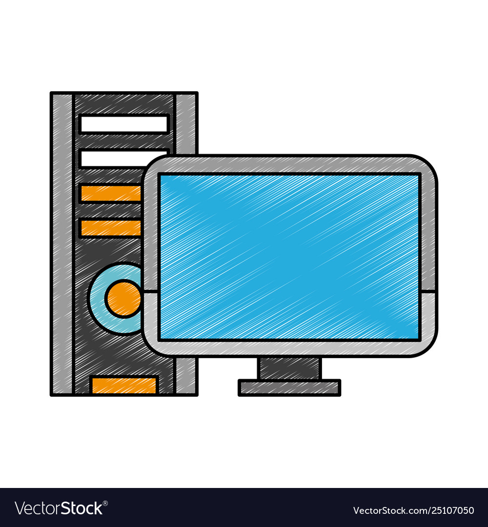 Desk computer with cpu scribble vector image Desk computer with cpu scribble