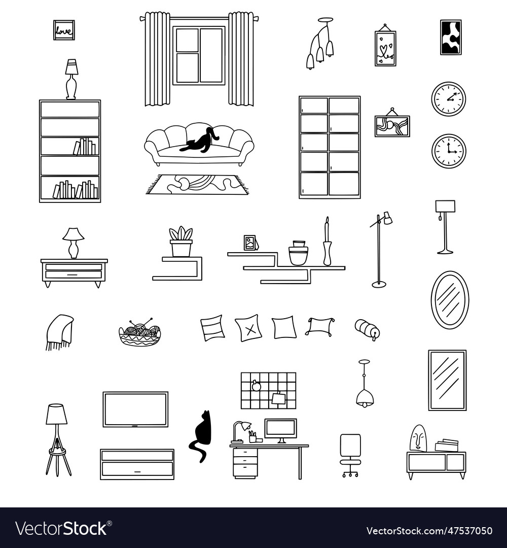 Doodle set of furniture decor and lighting Vector Image