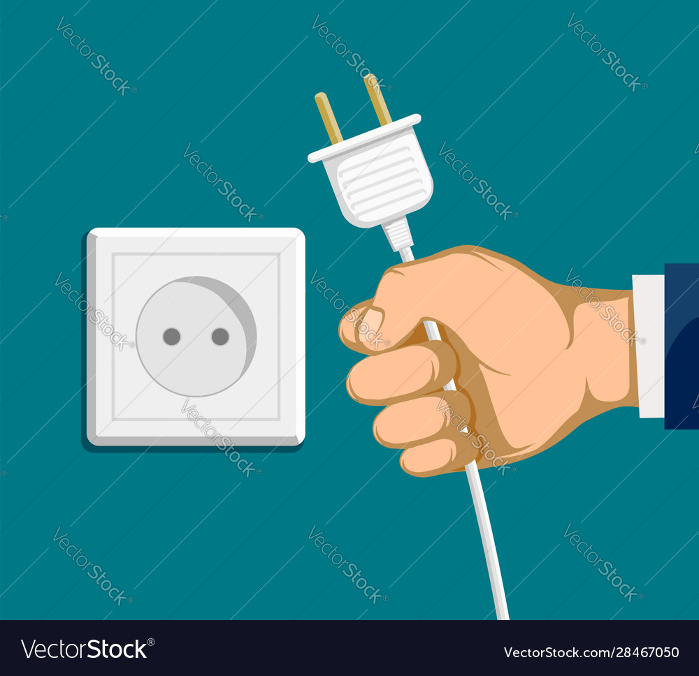 Human hand with electric plug and outlet Vector Image