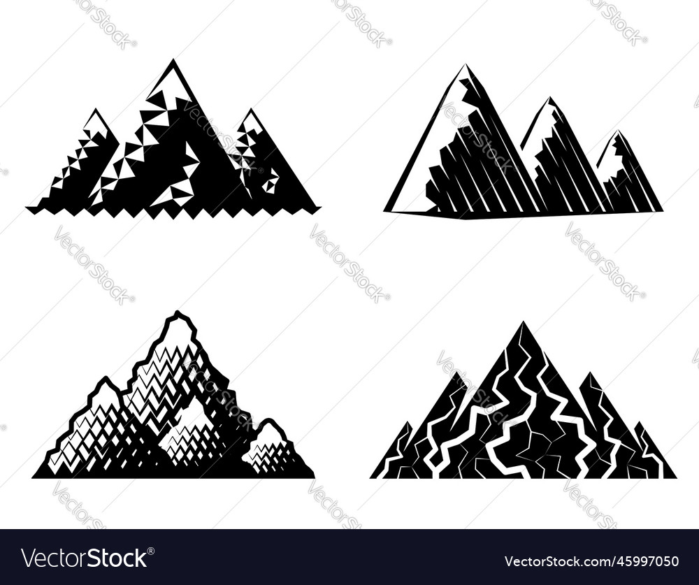 Icon set of mountains in black-and-white colors