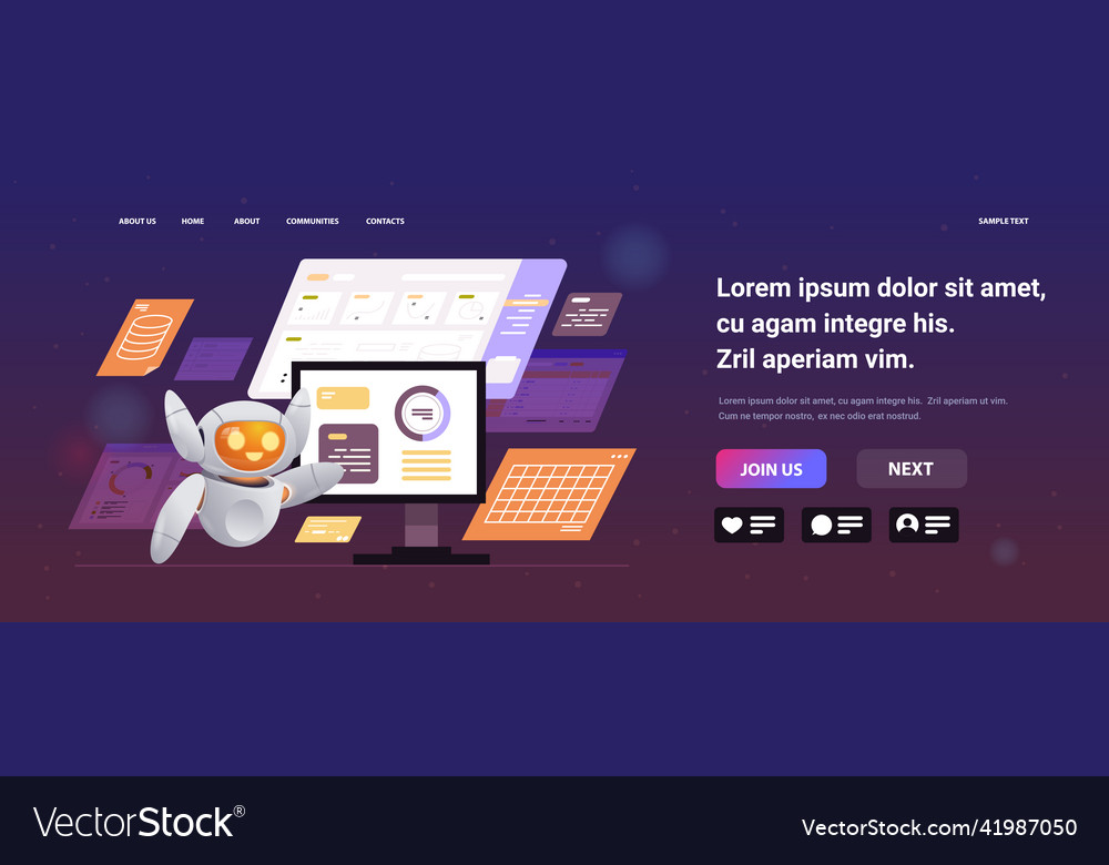 Modern robot analyzing financial data on virtual vector image Modern robot analyzing financial data on virtual