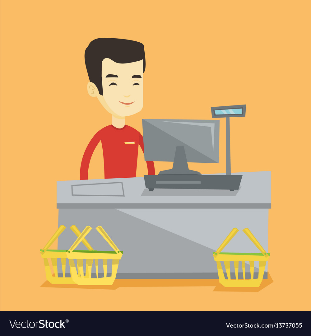 Cashier Standing At The Checkout In Supermarket Vector Image