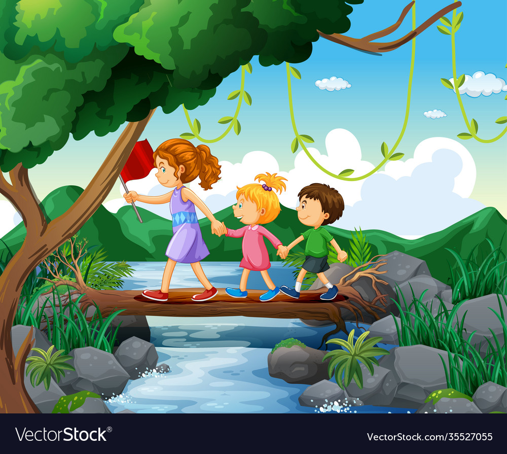 Explorer kid walking in forest with teacher Vector Image