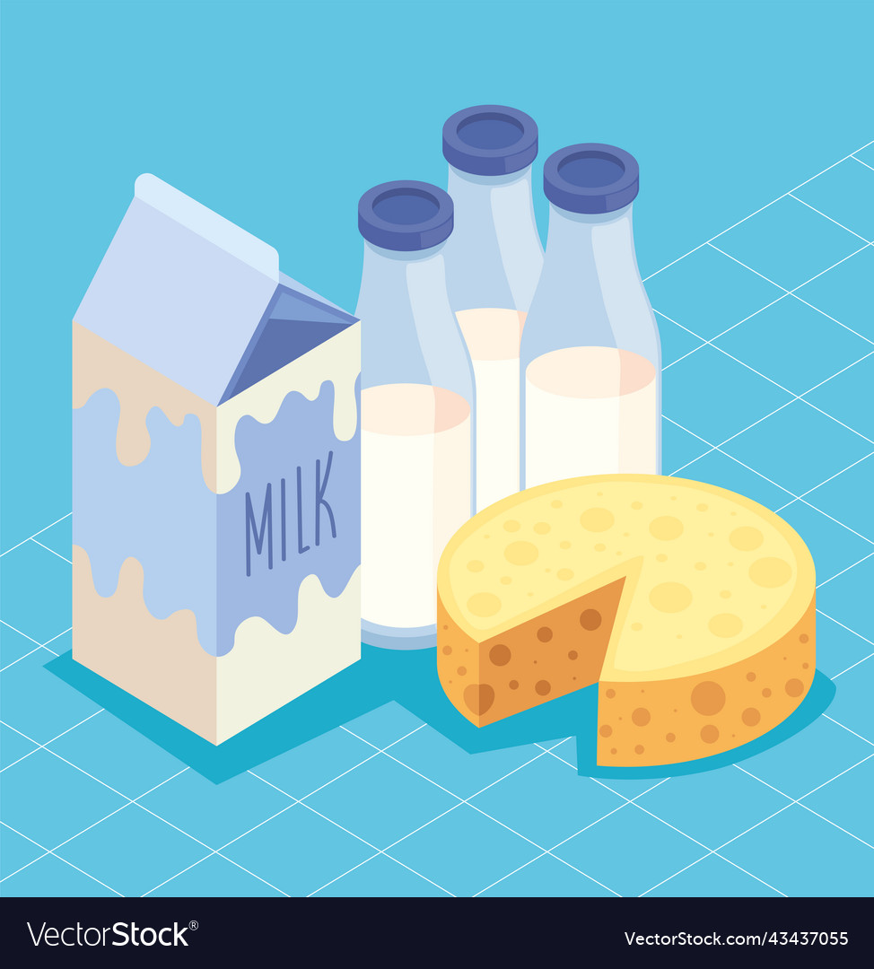 Milk bottles and box with cheese Royalty Free Vector Image