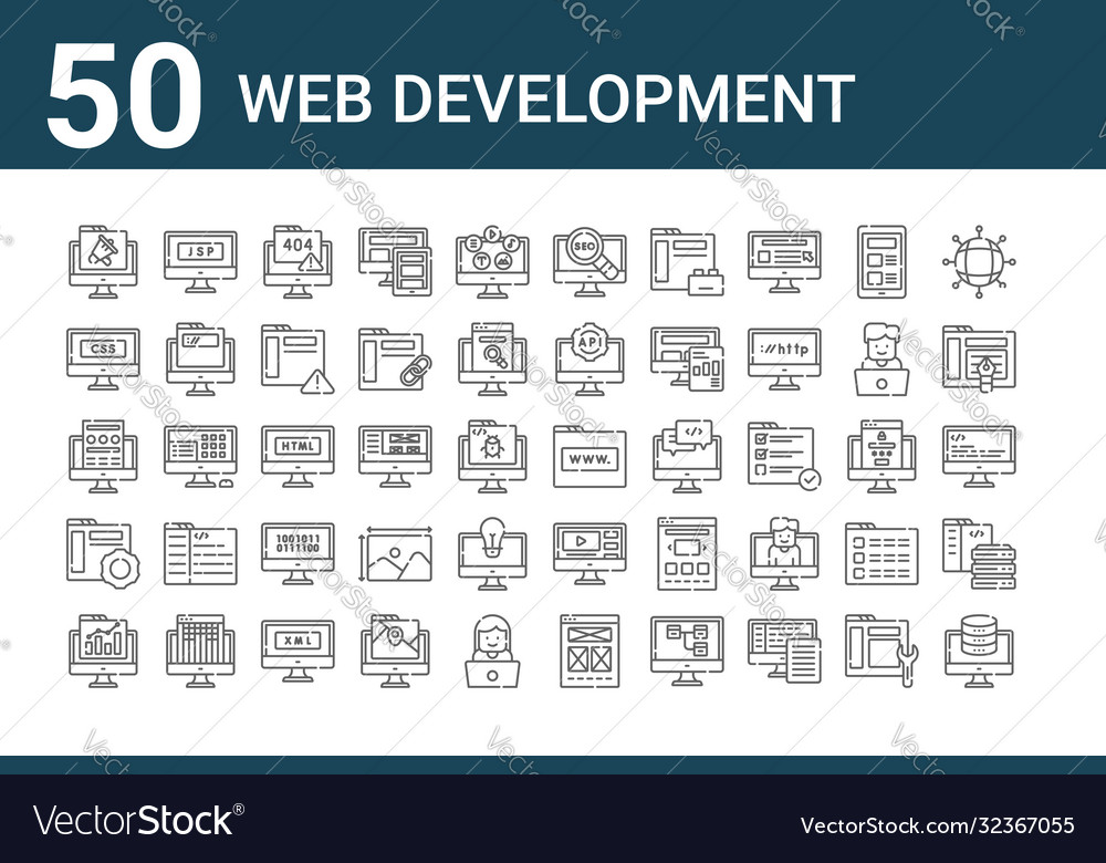 Set 50 web development icons outline thin line Vector Image Set 50 web development icons outline thin line