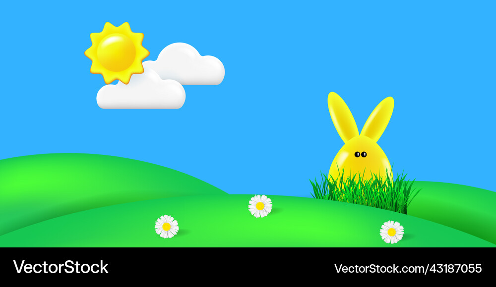 Spring landscape with yellow rabbit and flowers Vector Image