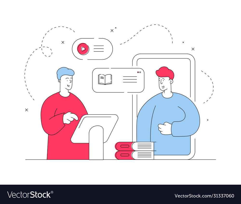 Men using online library app flat line vector image Men using online library app flat line